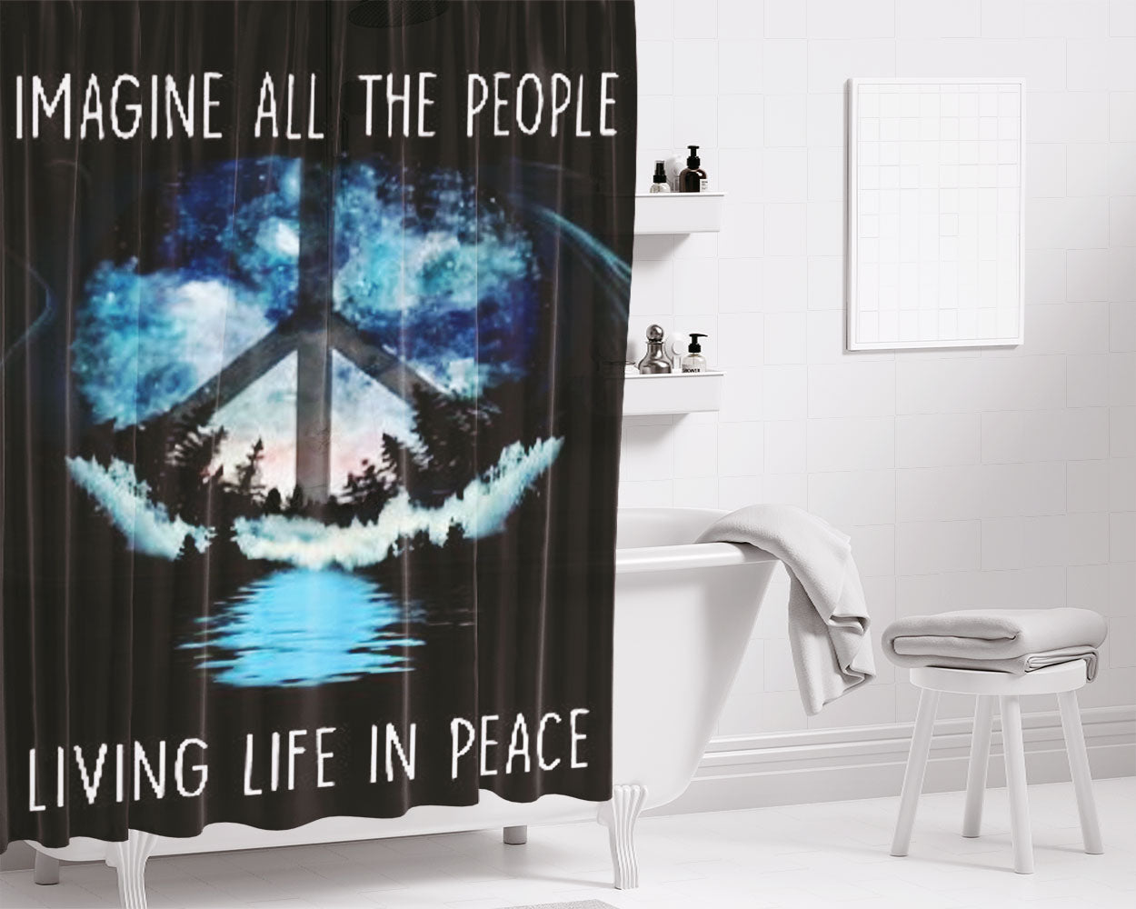 Imagine All The People Bathroom Shower Curtain Fabric Waterproof | 66 X 72 Inch