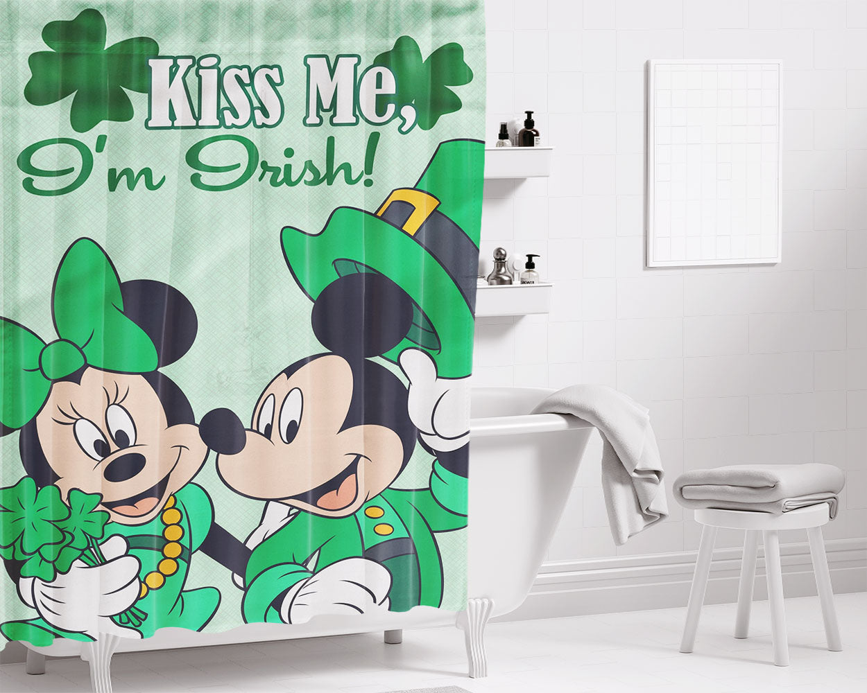 Kiss Me I'M Irish Mickey & Minnie Bathroom Shower Curtain Fabric Waterproof | 66 X 72 Inch