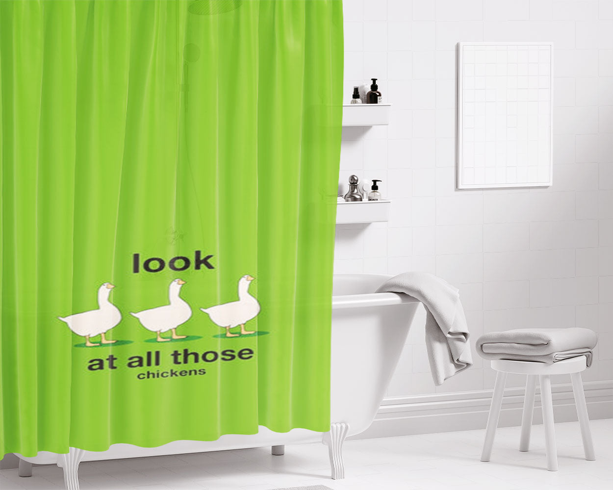 Look At All Those Chickens Bathroom Shower Curtain Fabric Waterproof | 66 X 72 Inch