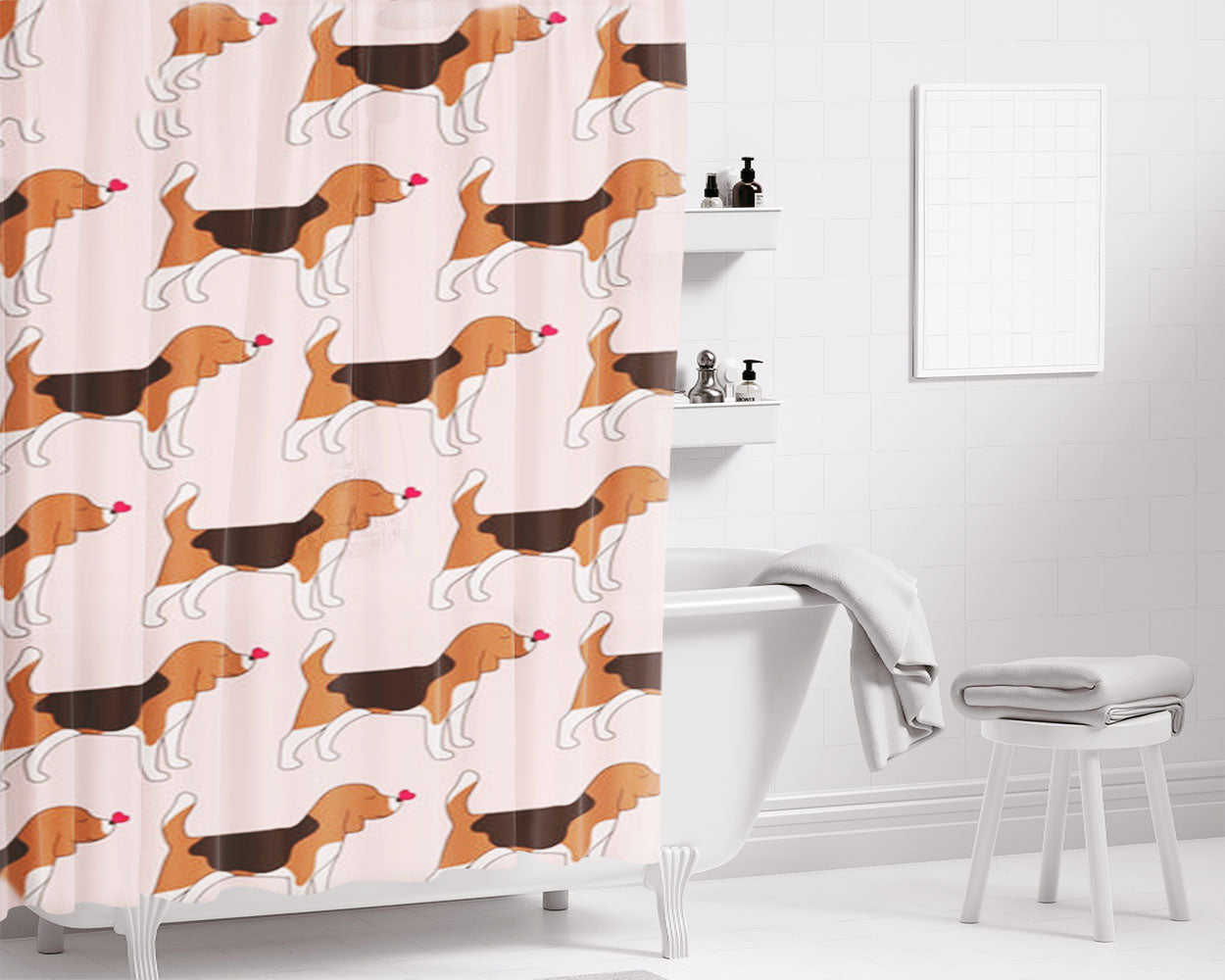 Love Beagle - Dog Pattern Bathroom Shower Curtain Fabric Waterproof | 66 X 72 Inch