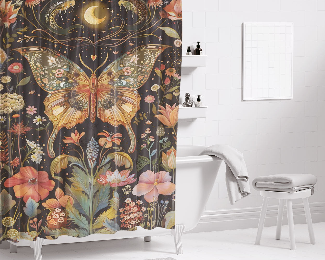 Majestic Moon Moth Moody Bathroom Shower Curtain Fabric Waterproof | 66 X 72 Inch