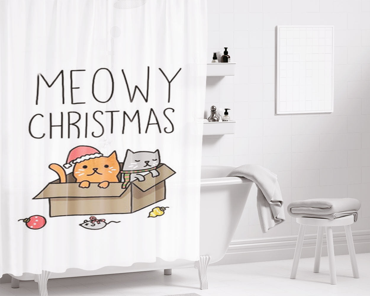 Meowy Christmas Bathroom Shower Curtain Fabric Waterproof | 66 X 72 Inch