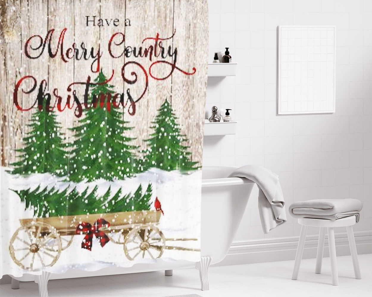 Merry Country Christmas Bathroom Shower Curtain Fabric Waterproof | 66 X 72 Inch