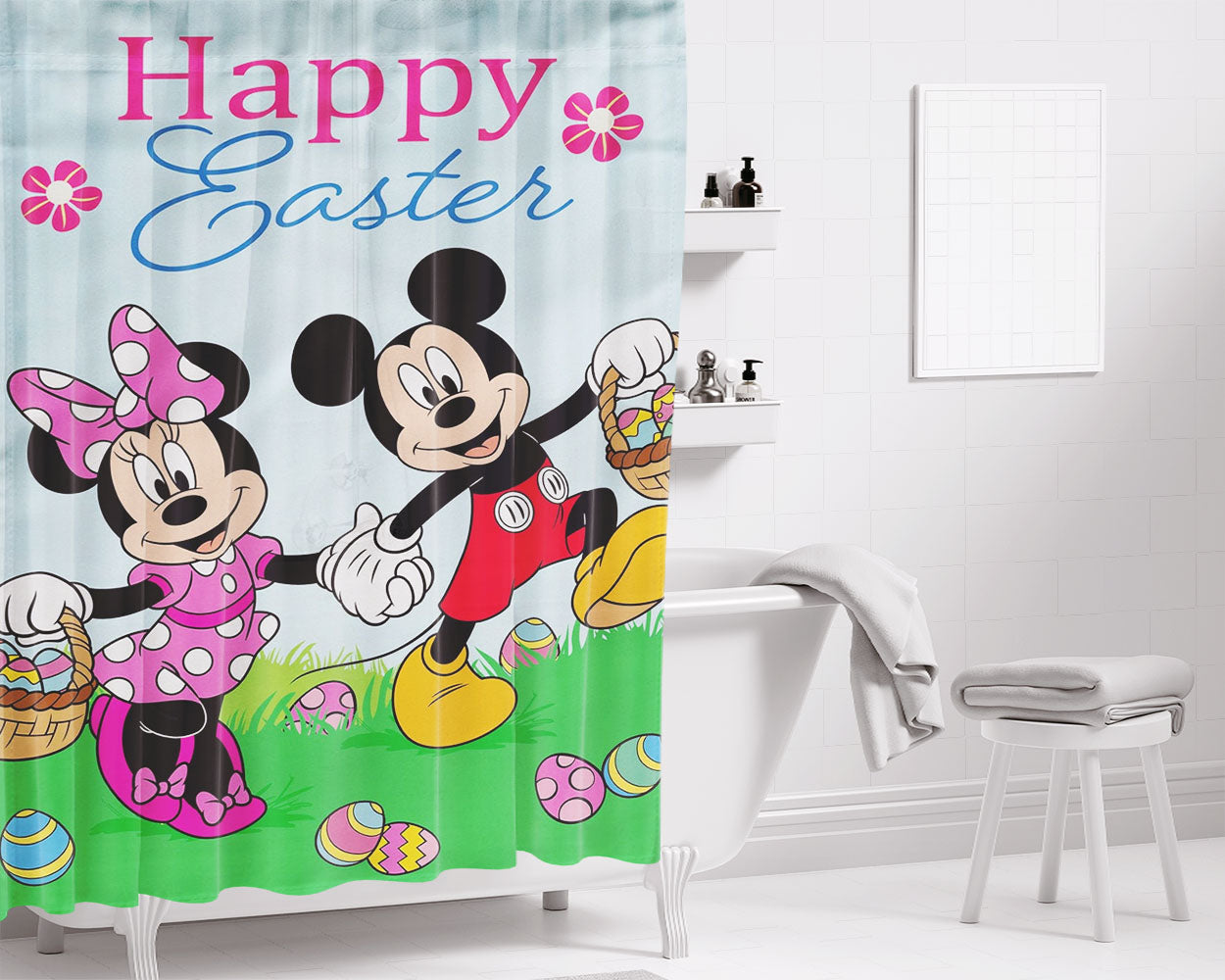 Mickey Mouse And Minnie Mouse Happy Easter Bathroom Shower Curtain Fabric Waterproof | 66 X 72 Inch