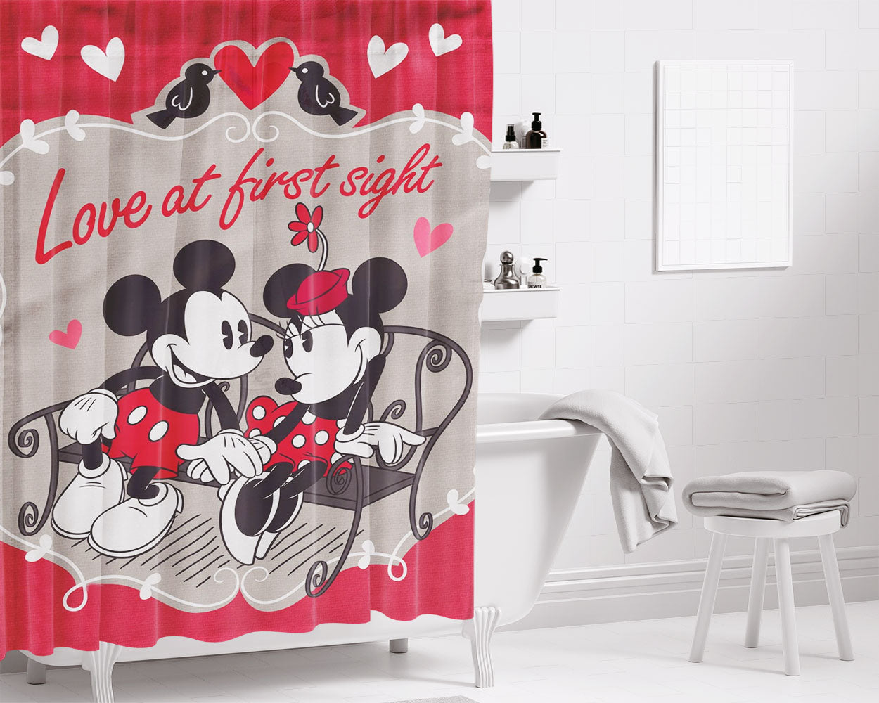 Mickey Mouse And Minnie Mouse Valentines Day Bathroom Shower Curtain Fabric Waterproof | 66 X 72 Inch