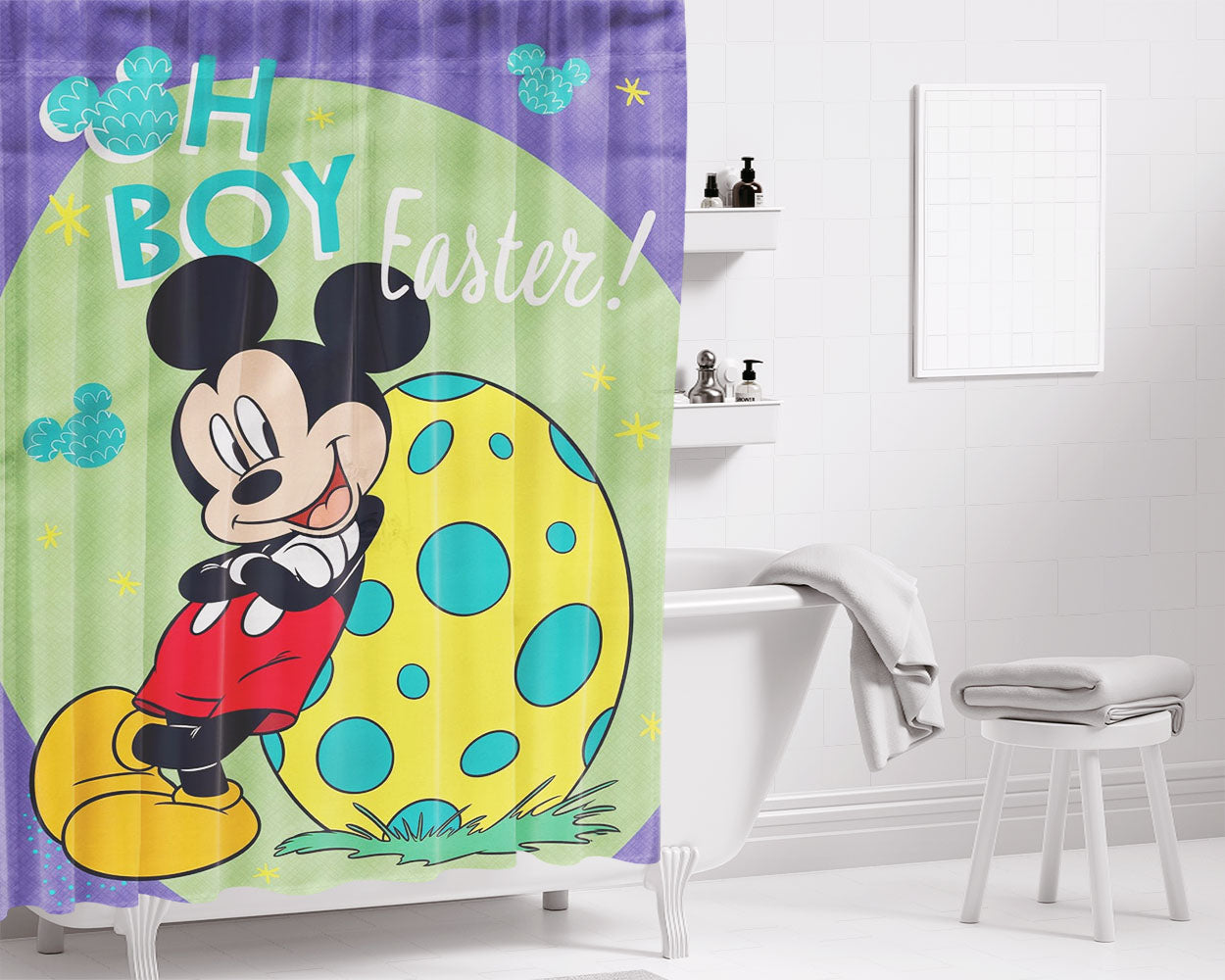 Mickey Mouse Easter Bathroom Shower Curtain Fabric Waterproof | 66 X 72 Inch