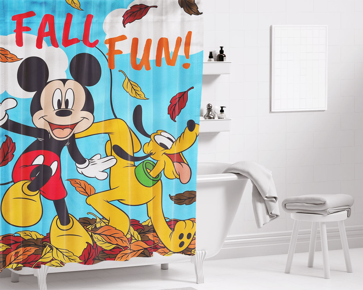 Mickey Pluto Fall Bathroom Shower Curtain Fabric Waterproof | 66 X 72 Inch