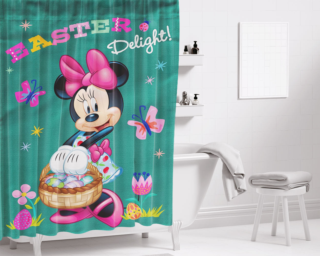 Minnie Mouse Easter Bathroom Shower Curtain Fabric Waterproof | 66 X 72 Inch