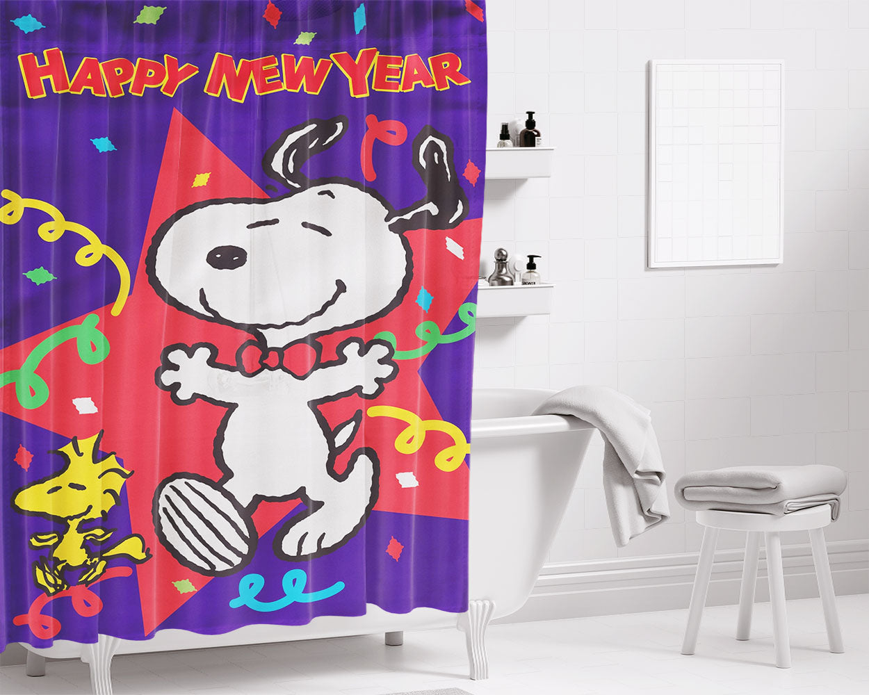 New Years Snoopy Bathroom Shower Curtain Fabric Waterproof | 66 X 72 Inch
