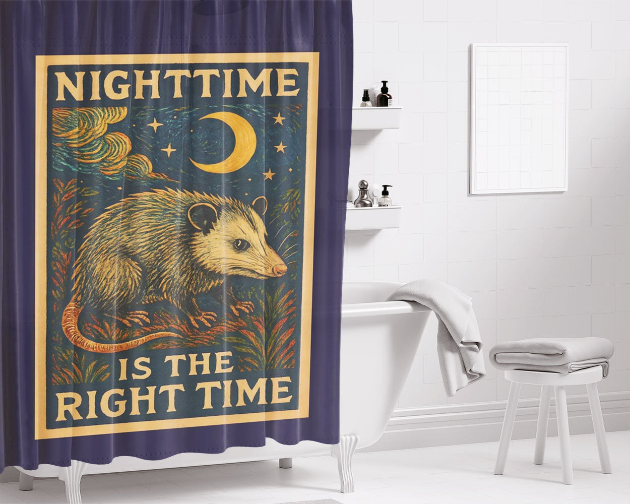 Nighttime Theme Bathroom Shower Curtain Fabric Waterproof | 66 X 72 Inch