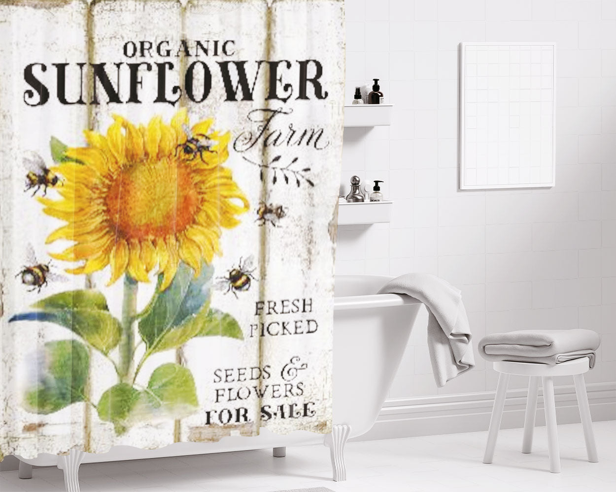Organic Sunflower Farm Bathroom Shower Curtain Fabric Waterproof | 66 X 72 Inch