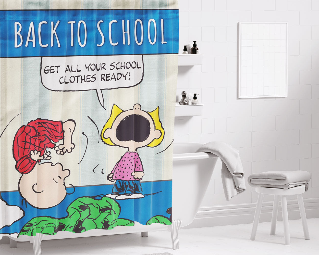 Peanuts Back To School Charlie Brown Bathroom Shower Curtain Fabric Waterproof | 66 X 72 Inch