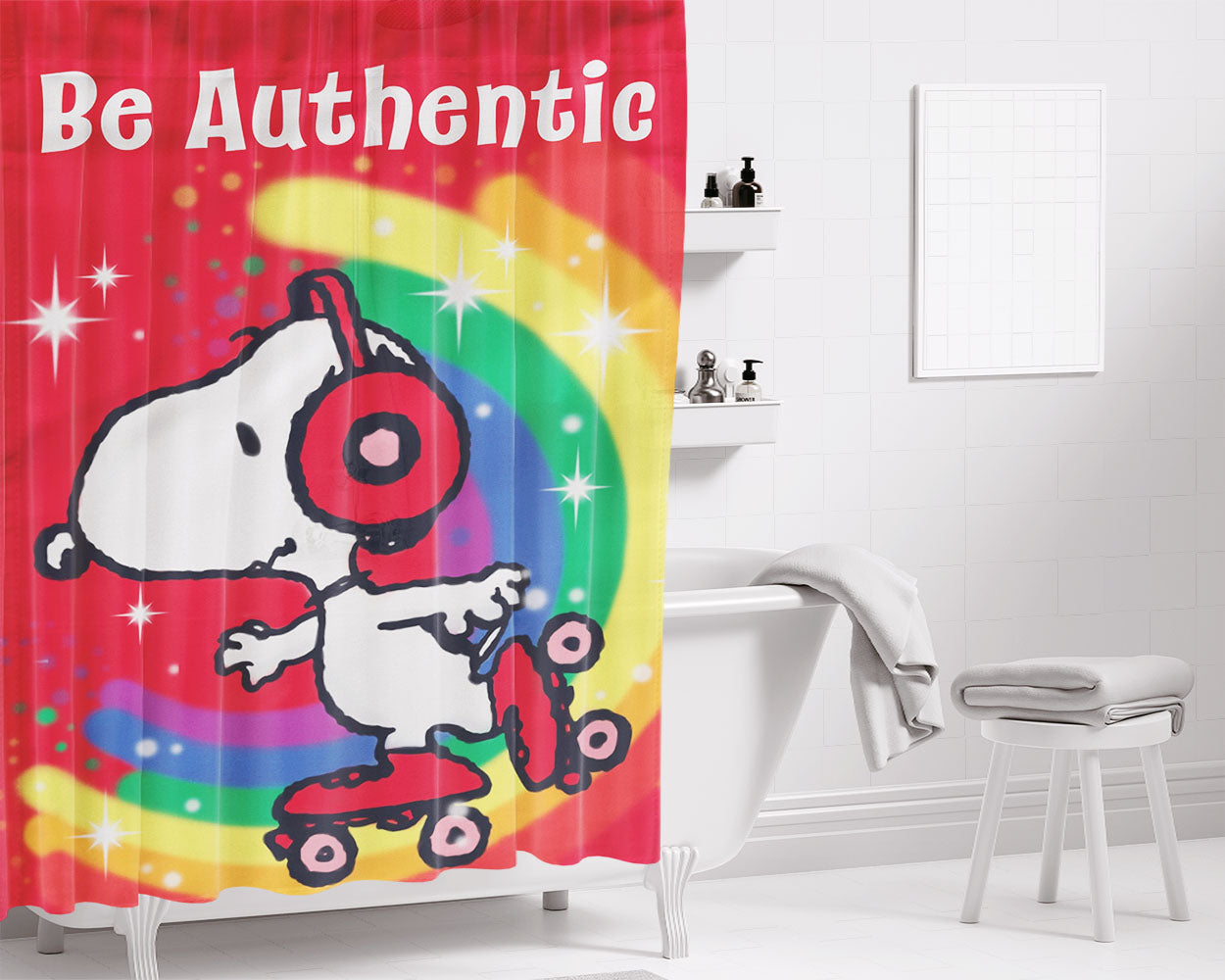 Peanuts Be Authentic Snoopy Roller-Skate Bathroom Shower Curtain Fabric Waterproof | 66 X 72 Inch