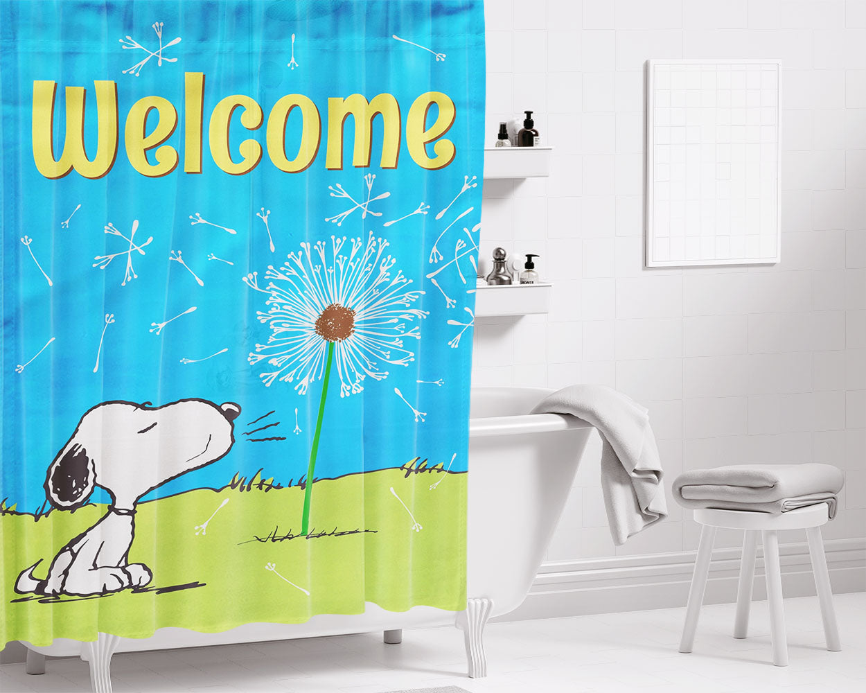 Peanuts Blowing Dandelions Bathroom Shower Curtain Fabric Waterproof | 66 X 72 Inch