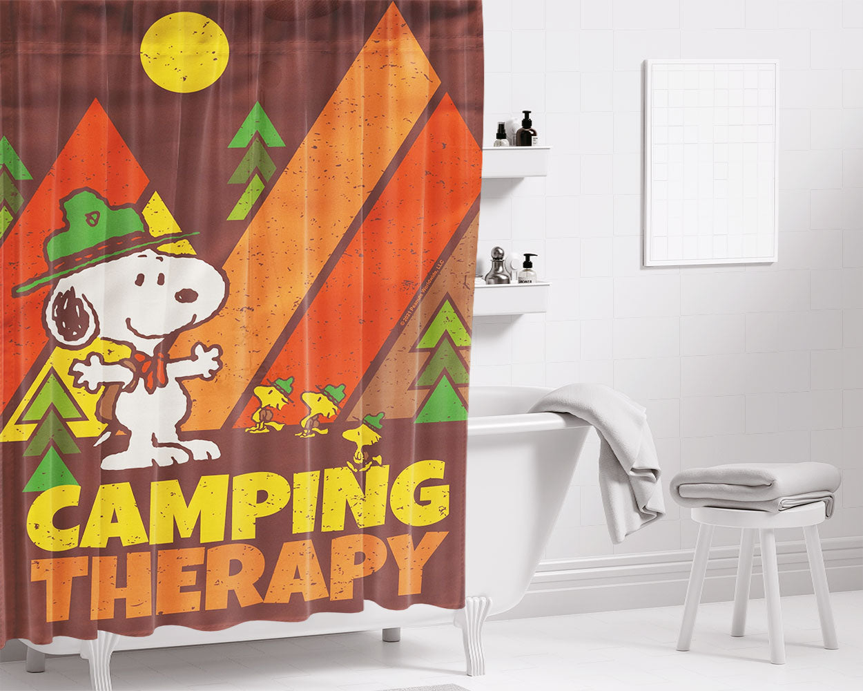 Peanuts Camping Therapy Snoopy Bathroom Shower Curtain Fabric Waterproof | 66 X 72 Inch