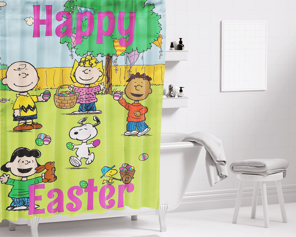Peanuts Charlie Brown And Snoopy Easter Bathroom Shower Curtain Fabric Waterproof | 66 X 72 Inch
