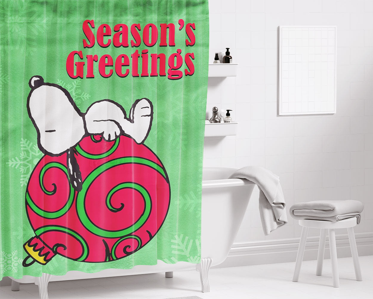 Peanuts Christmas Ornament Snoopy Bathroom Shower Curtain Fabric Waterproof | 66 X 72 Inch