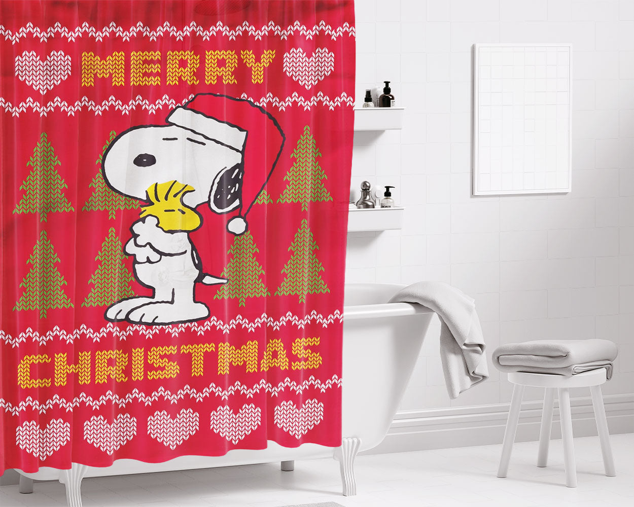 Peanuts Christmas Snoopy Bathroom Shower Curtain Fabric Waterproof | 66 X 72 Inch