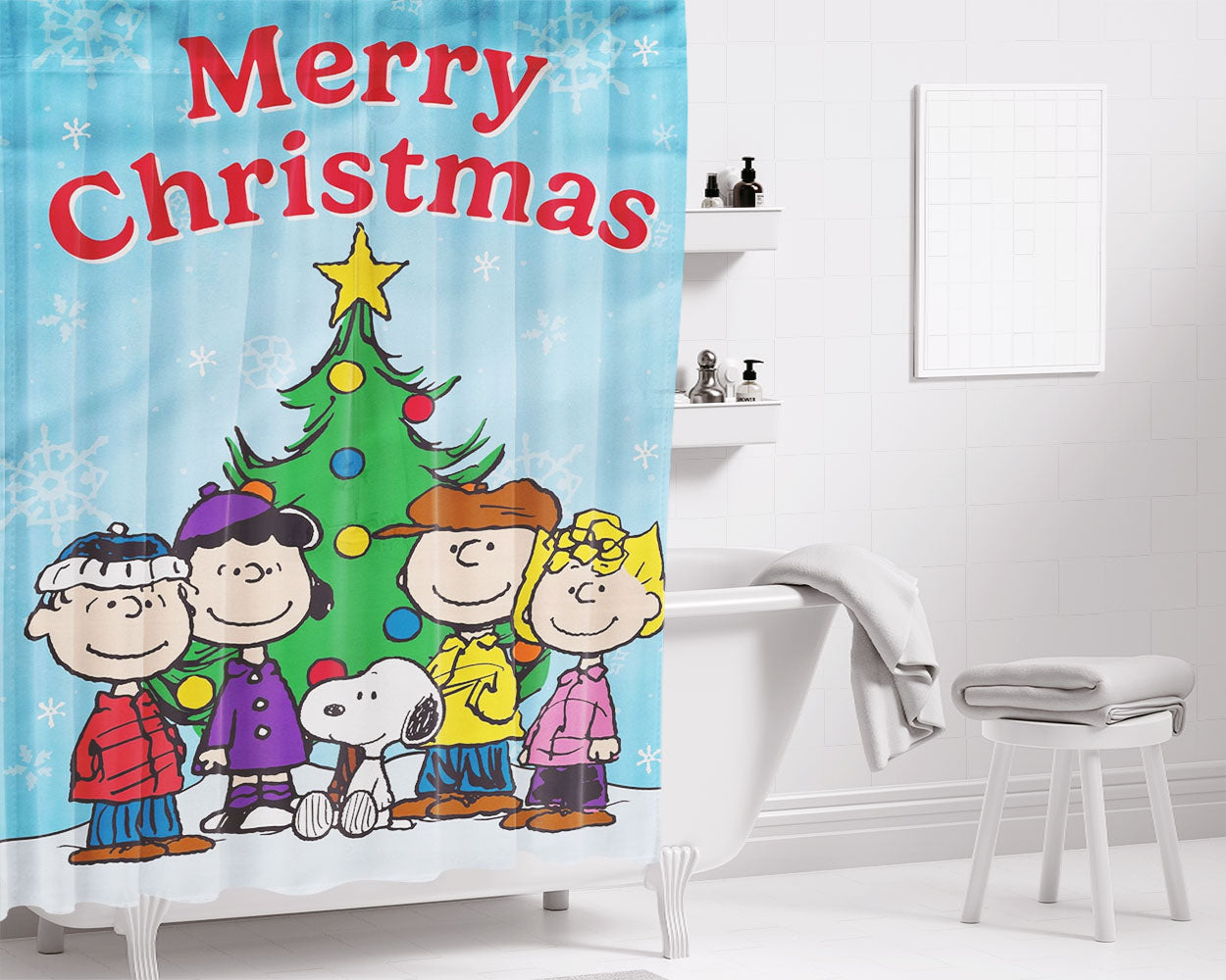 Peanuts Christmas Bathroom Shower Curtain Fabric Waterproof | 66 X 72 Inch