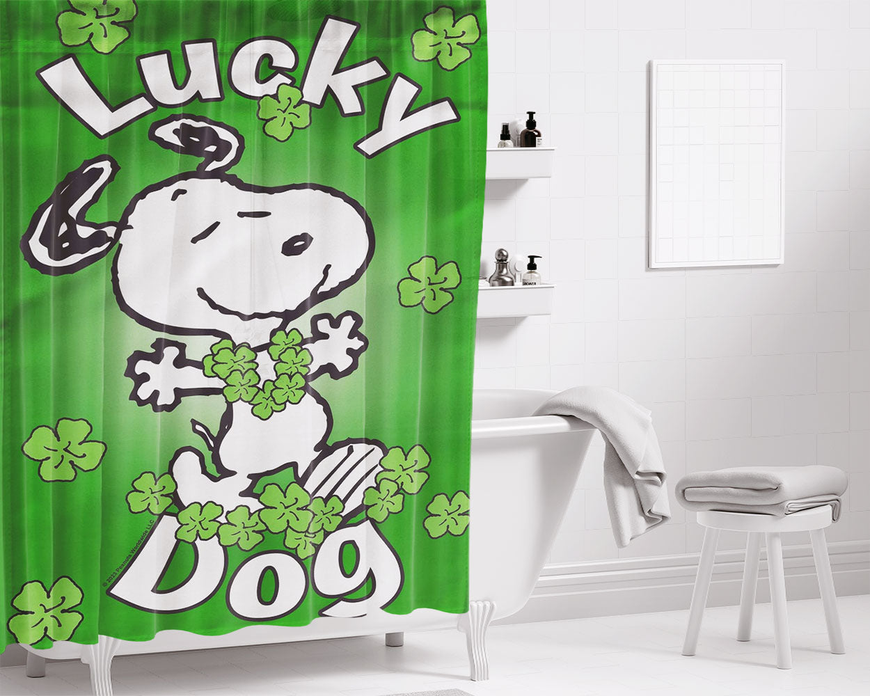 Peanuts Clover Dancing Snoopy Bathroom Shower Curtain Fabric Waterproof | 66 X 72 Inch