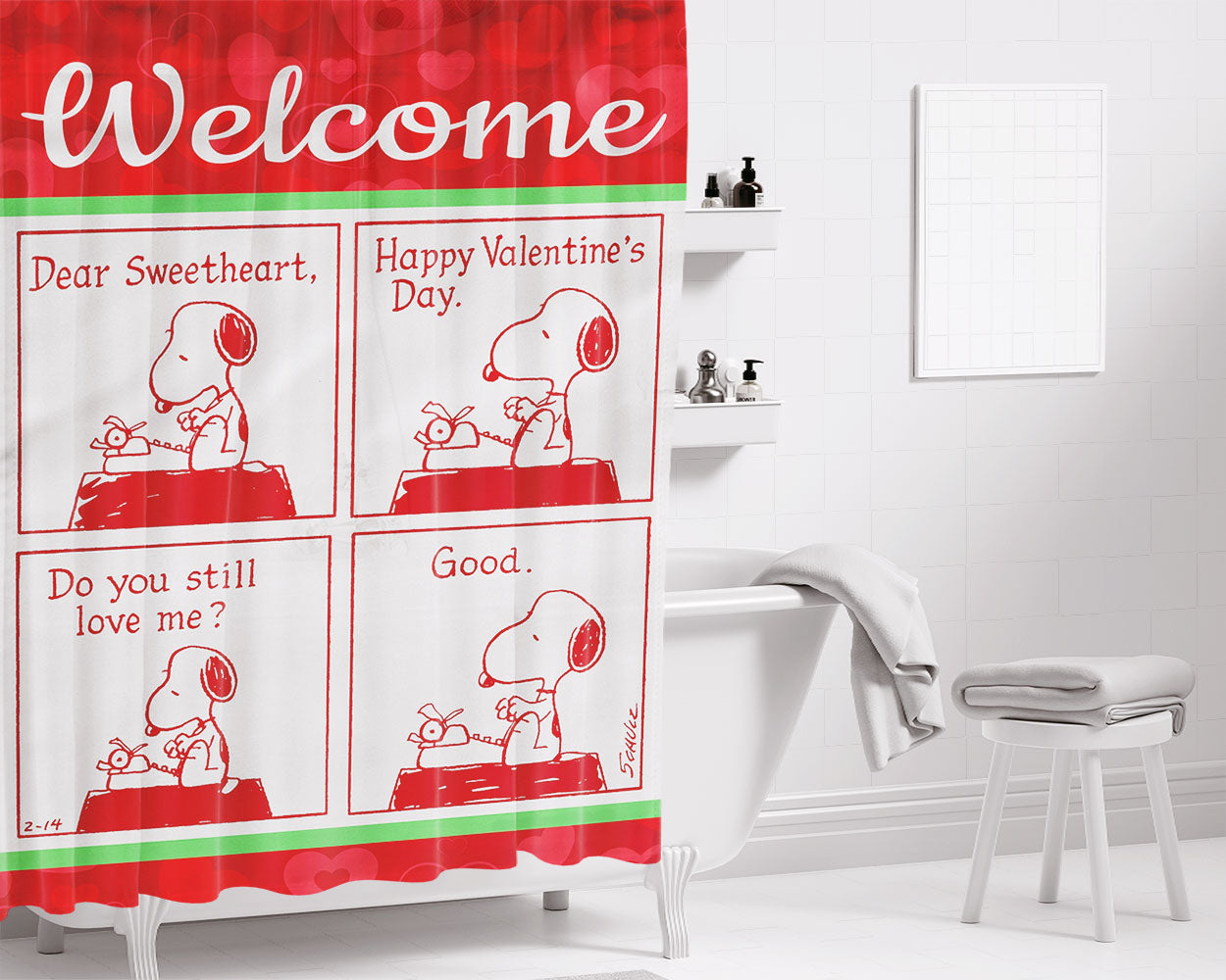 Peanuts Comic Strip Valentine Snoopy Bathroom Shower Curtain Fabric Waterproof | 66 X 72 Inch