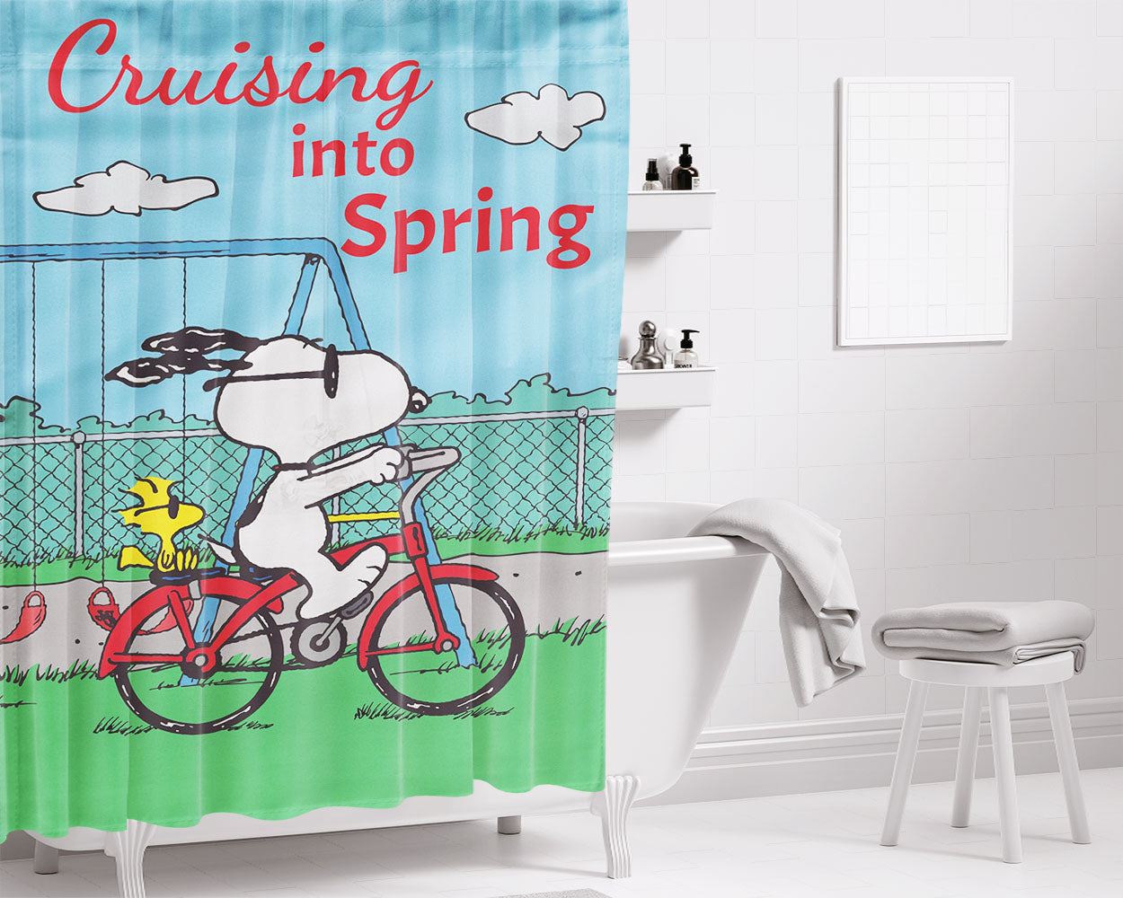 Peanuts Cruising Into Spring Bathroom Shower Curtain Fabric Waterproof | 66 X 72 Inch