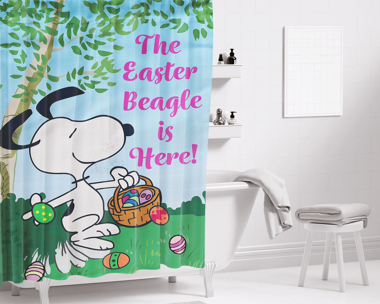 Peanuts Easter Beagle Is Here Snoopy Bathroom Shower Curtain Fabric Waterproof | 66 X 72 Inch