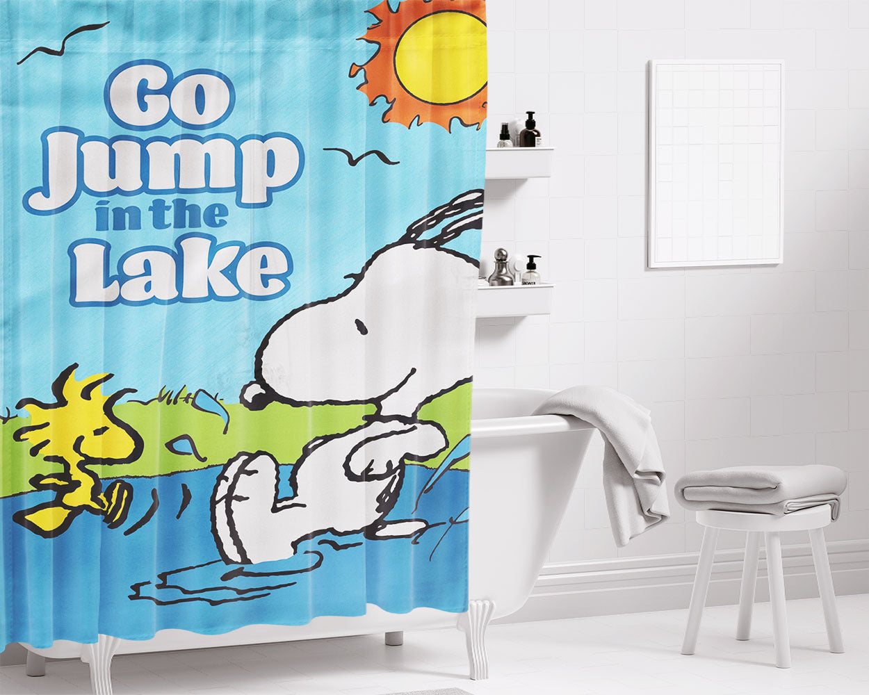 Peanuts Go Jump In The Lake Snoopy Bathroom Shower Curtain Fabric Waterproof | 66 X 72 Inch