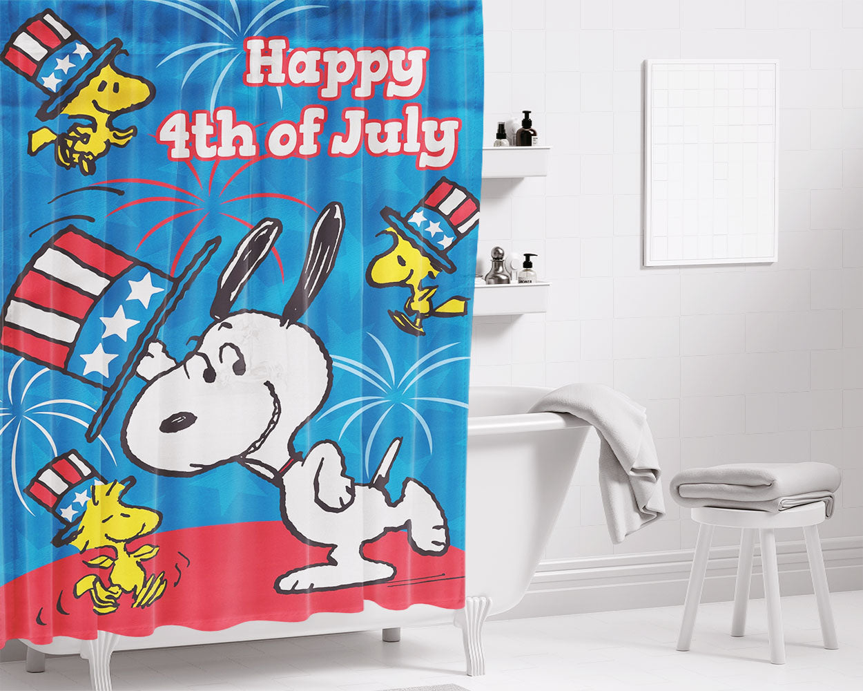 Peanuts Happy Fourth Top Hat Snoopy Bathroom Shower Curtain Fabric Waterproof | 66 X 72 Inch