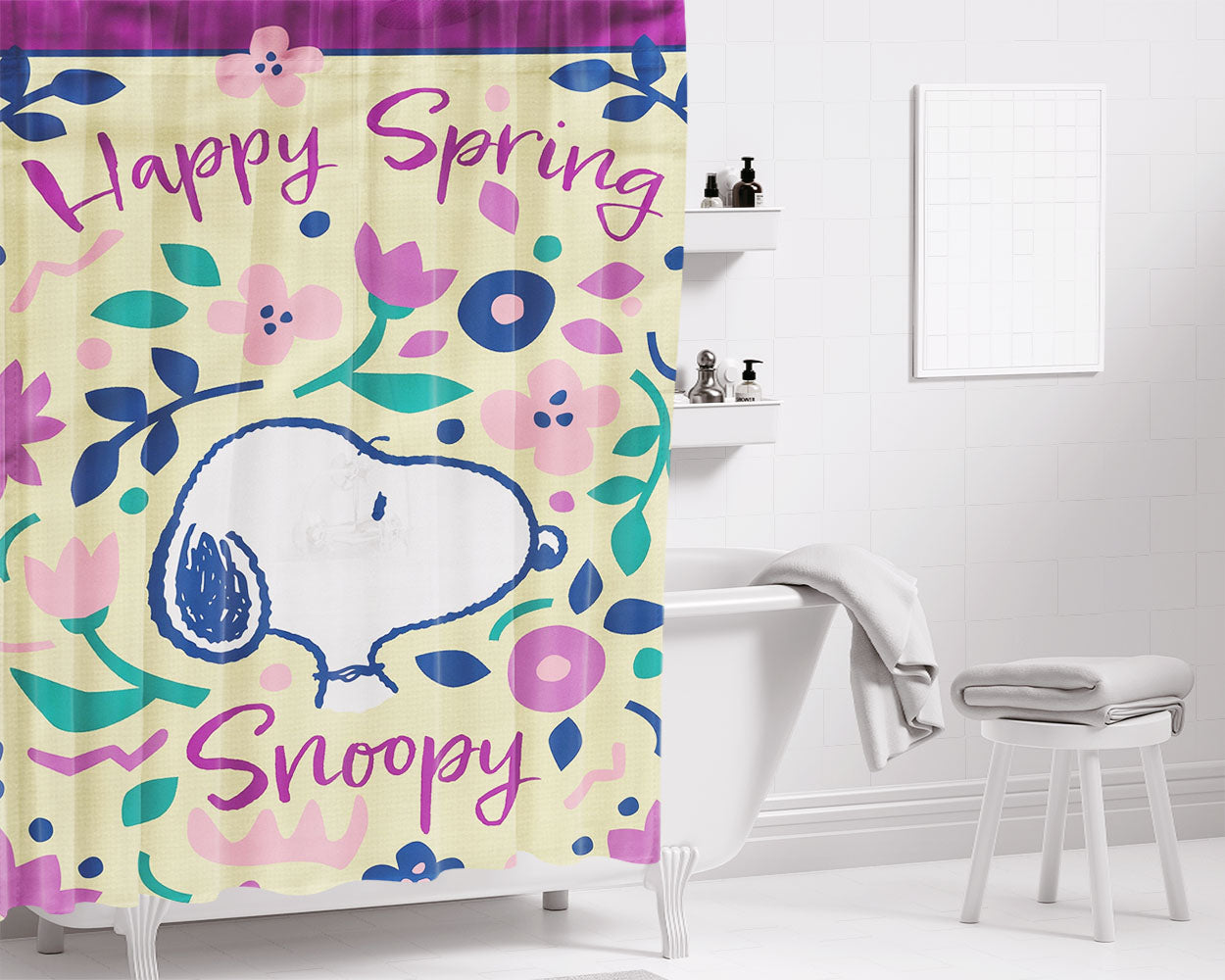 Peanuts Happy Spring Snoopy Bathroom Shower Curtain Fabric Waterproof | 66 X 72 Inch