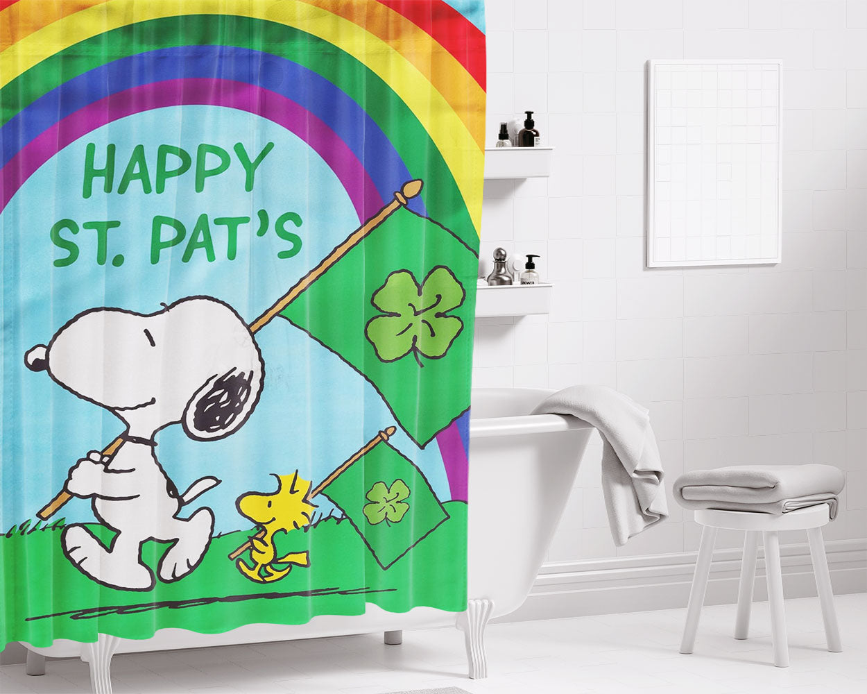 Peanuts Happy St Pats Snoopy Bathroom Shower Curtain Fabric Waterproof | 66 X 72 Inch