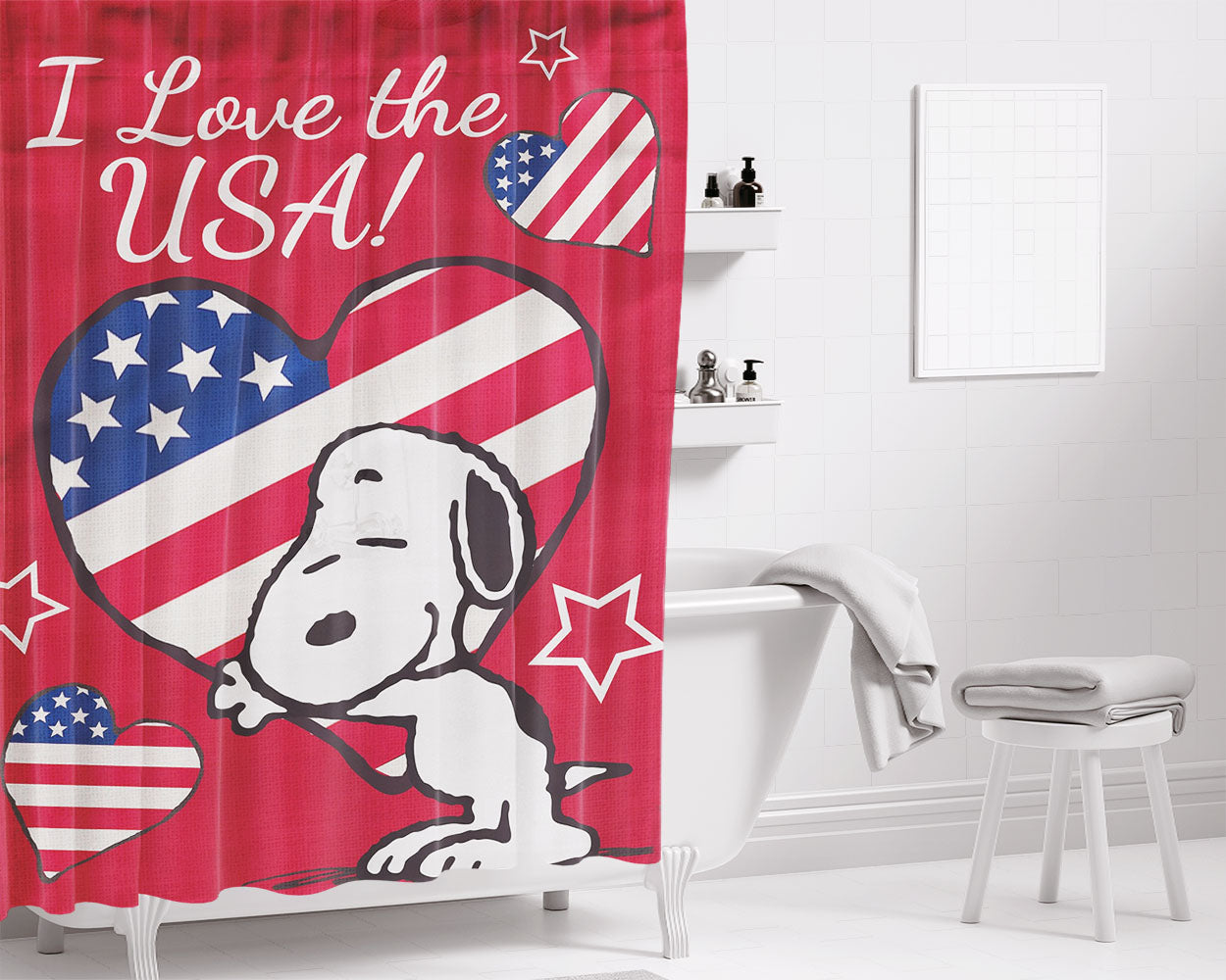 Peanuts I Love The Usa Snoopy Bathroom Shower Curtain Fabric Waterproof | 66 X 72 Inch