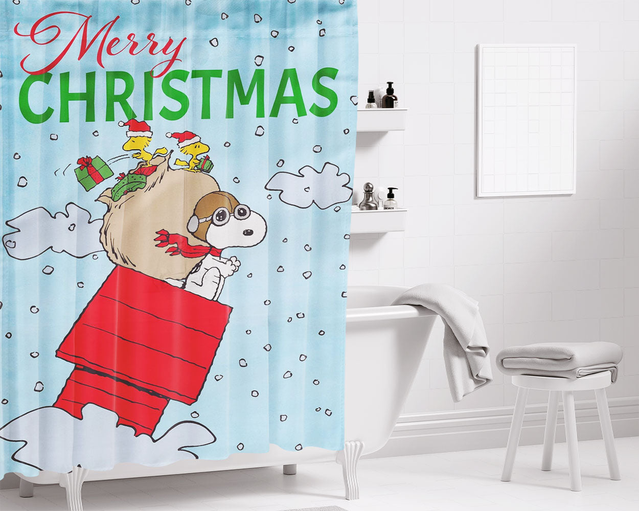 Peanuts Merry Christmas Snoopy Sleigh Bathroom Shower Curtain Fabric Waterproof | 66 X 72 Inch
