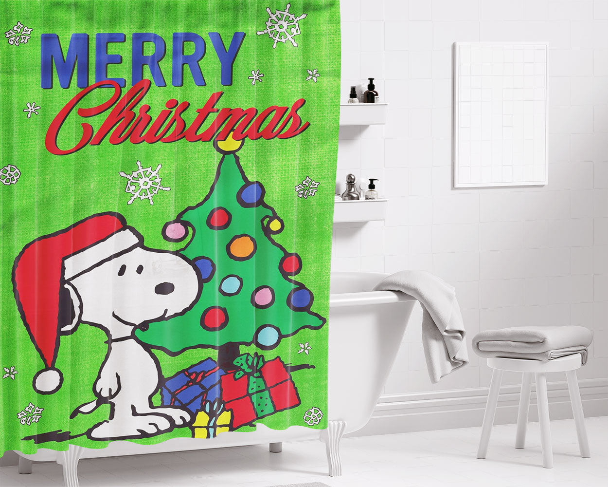 Peanuts Merry Christmas Snoopy Bathroom Shower Curtain Fabric Waterproof | 66 X 72 Inch