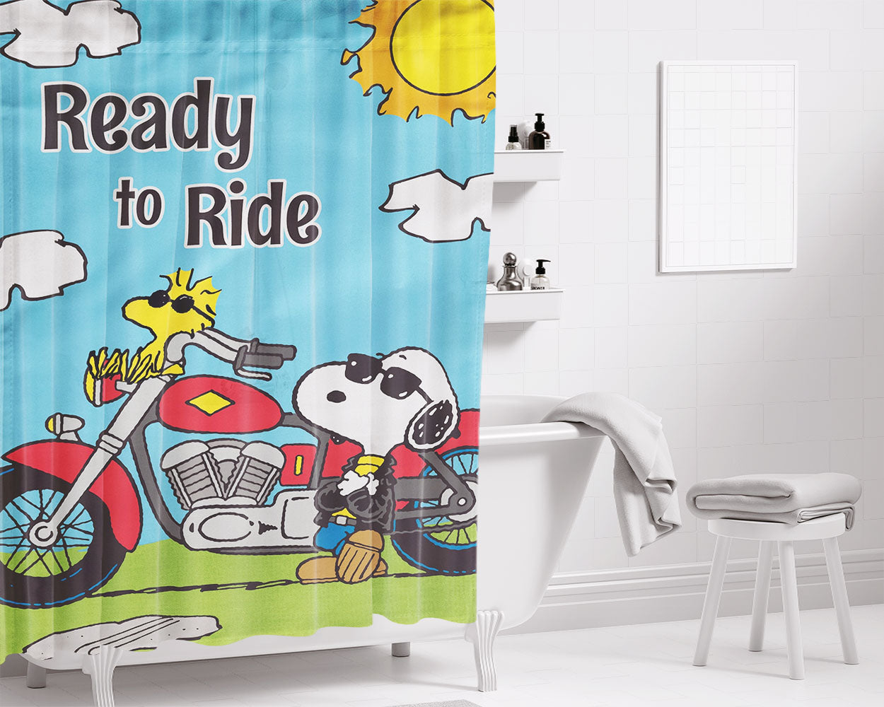 Peanuts Motorcycle Joe Snoopy Ready To Ride Bathroom Shower Curtain Fabric Waterproof | 66 X 72 Inch