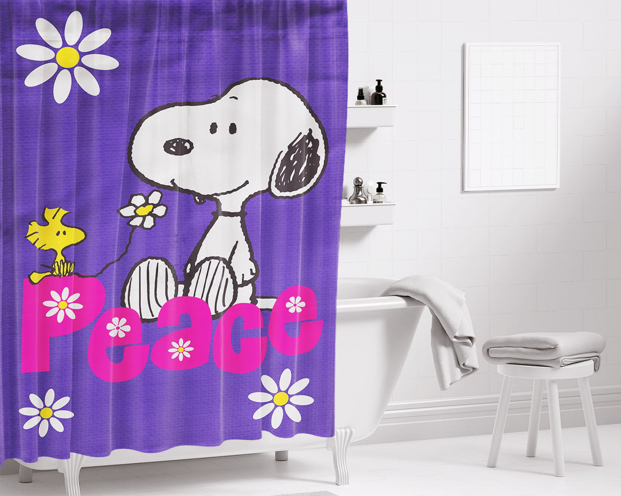 Peanuts Peace Snoopy Bathroom Shower Curtain Fabric Waterproof | 66 X 72 Inch