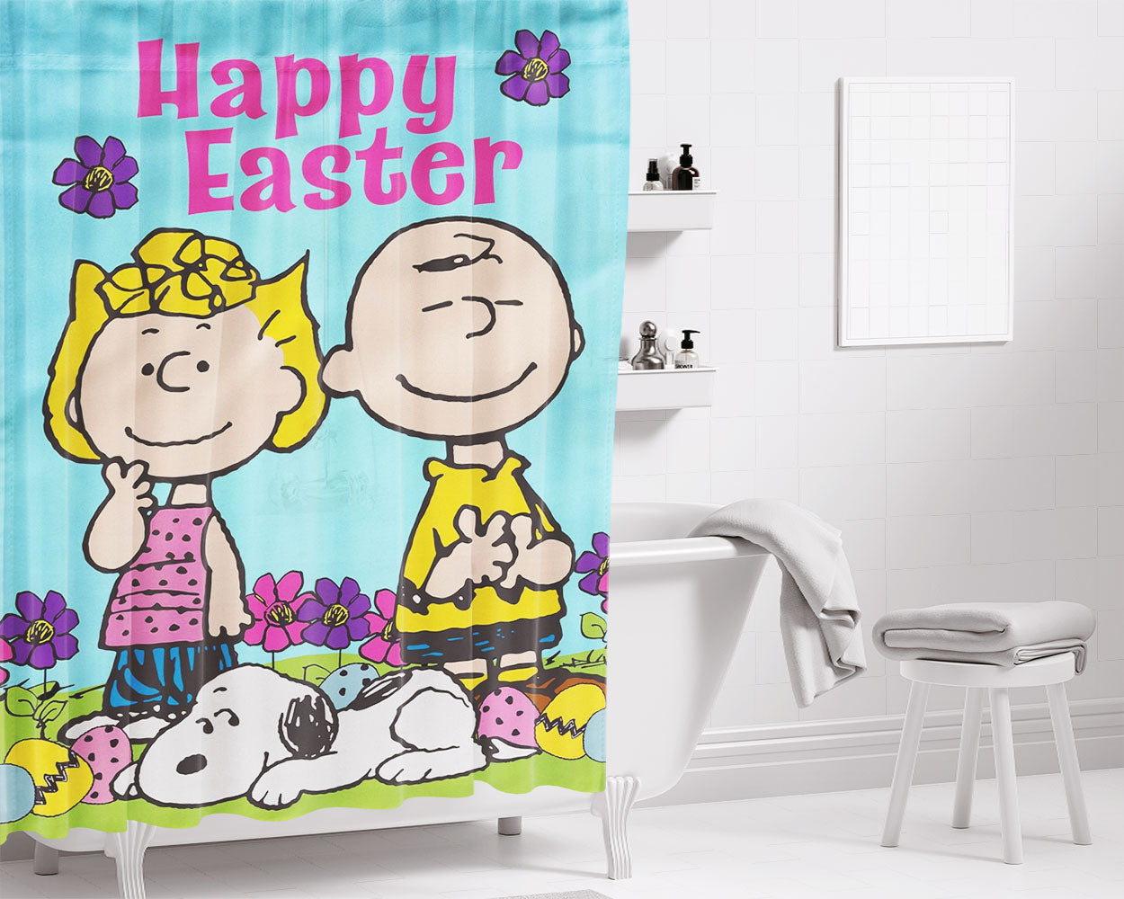 Peanuts Snoopy And Charlie Brown Easter Bathroom Shower Curtain Fabric Waterproof | 66 X 72 Inch