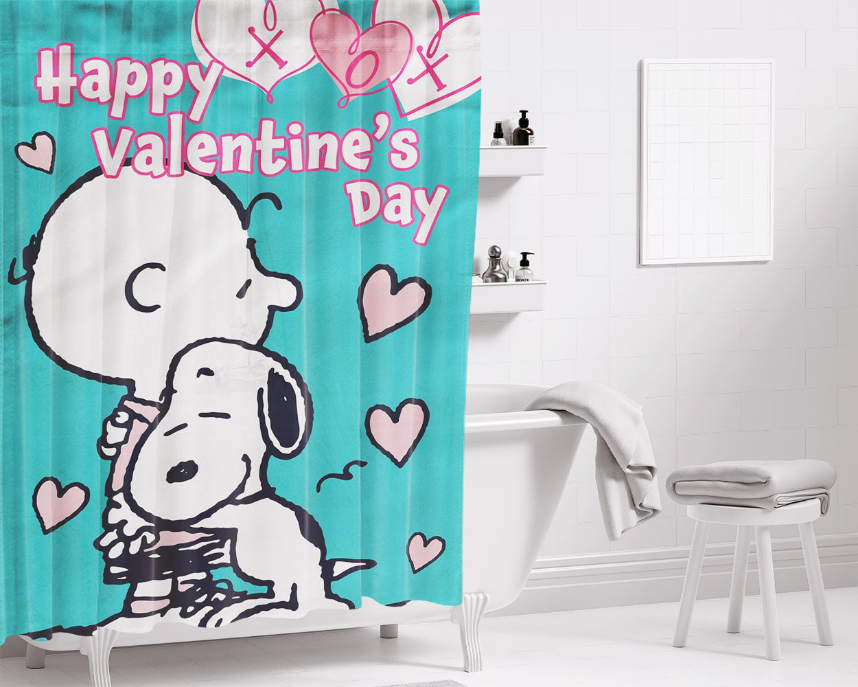 Peanuts Snoopy Charlie Brown Valentines Bathroom Shower Curtain Fabric Waterproof | 66 X 72 Inch