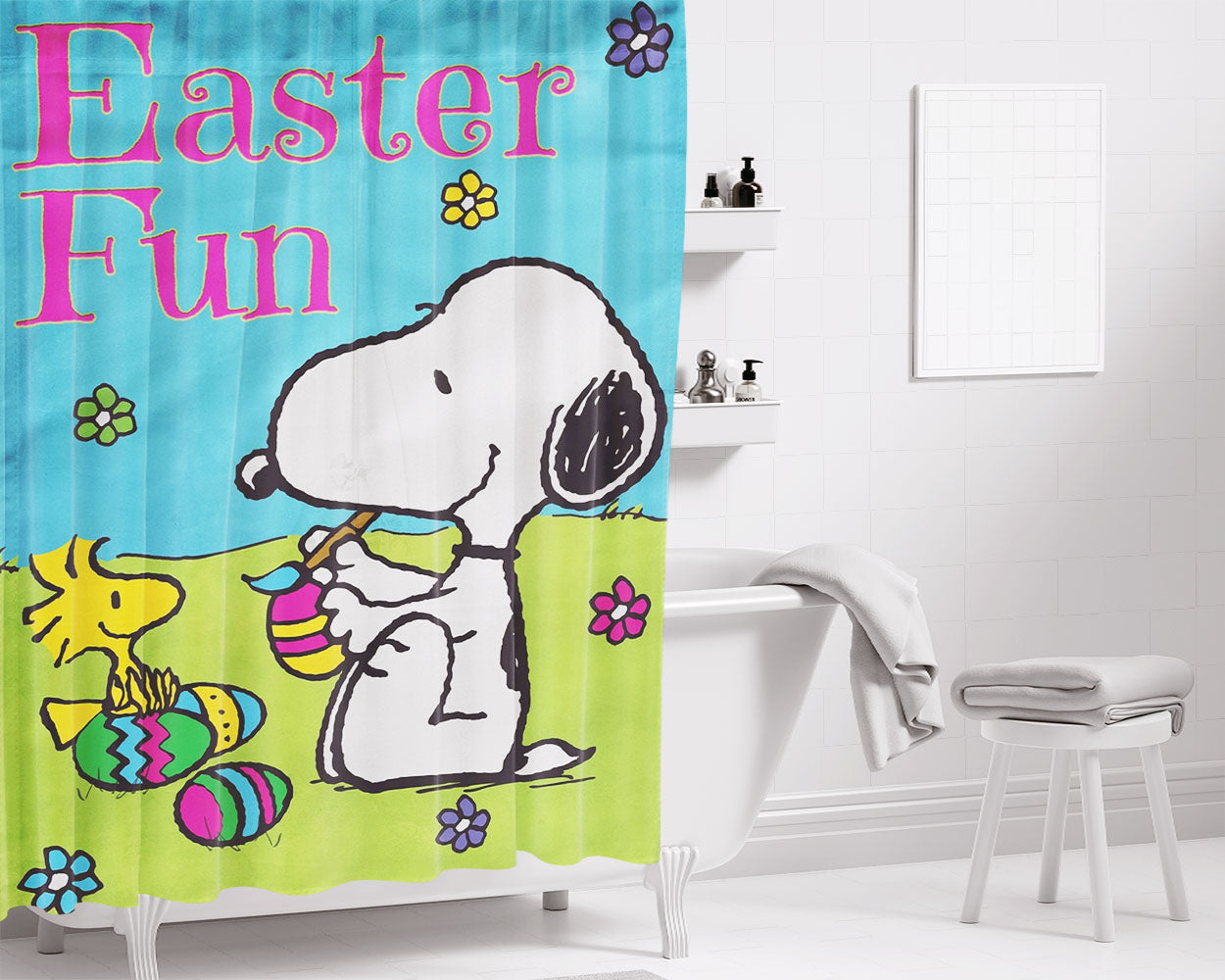 Peanuts Snoopy Easter Eggs Bathroom Shower Curtain Fabric Waterproof | 66 X 72 Inch