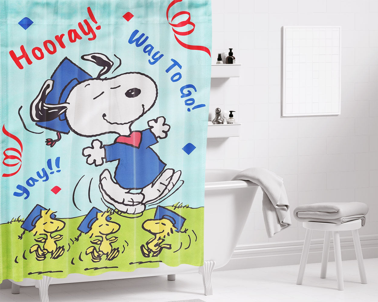 Peanuts Snoopy Graduation Bathroom Shower Curtain Fabric Waterproof | 66 X 72 Inch
