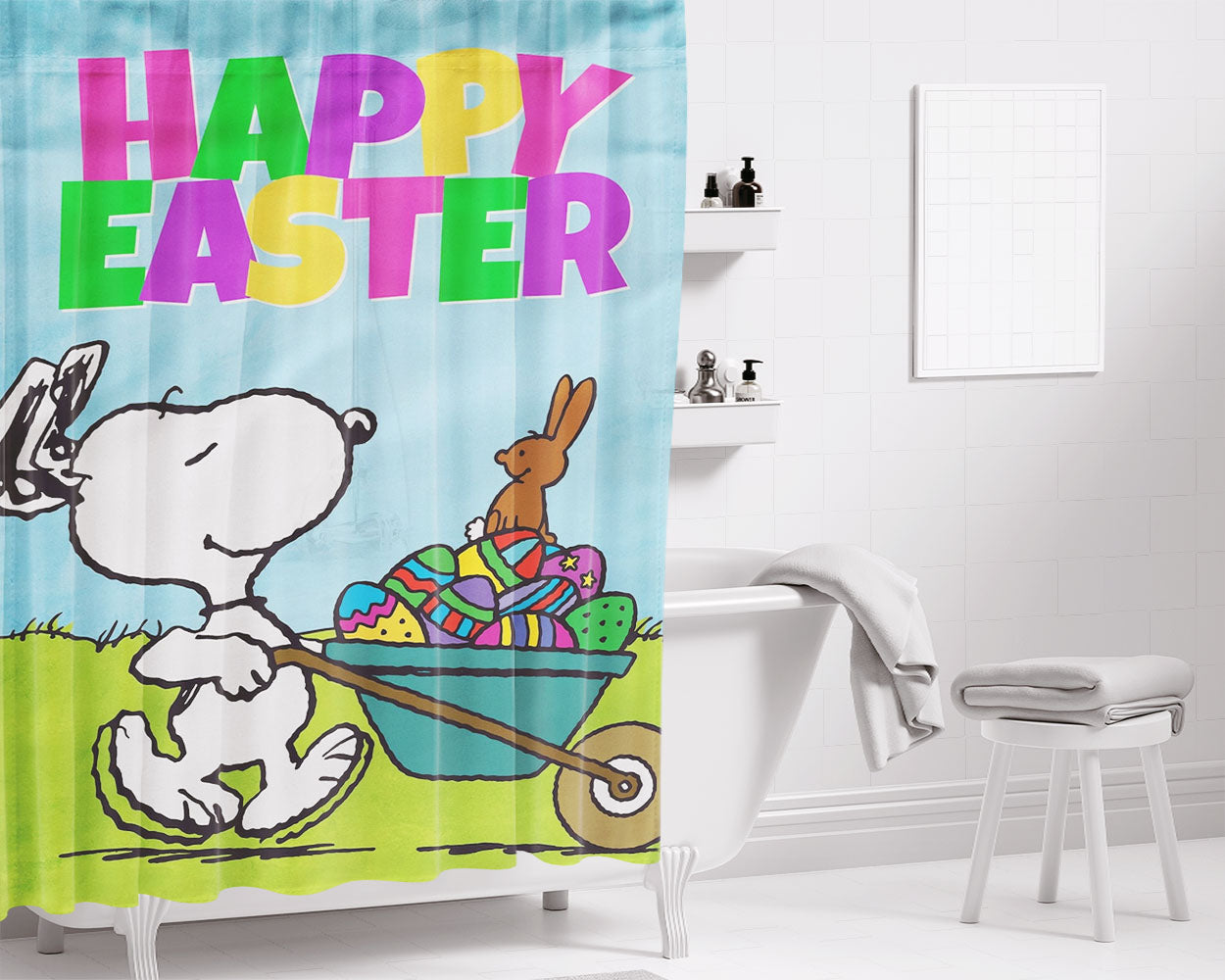 Peanuts Snoopy Happy Easter Bathroom Shower Curtain Fabric Waterproof | 66 X 72 Inch