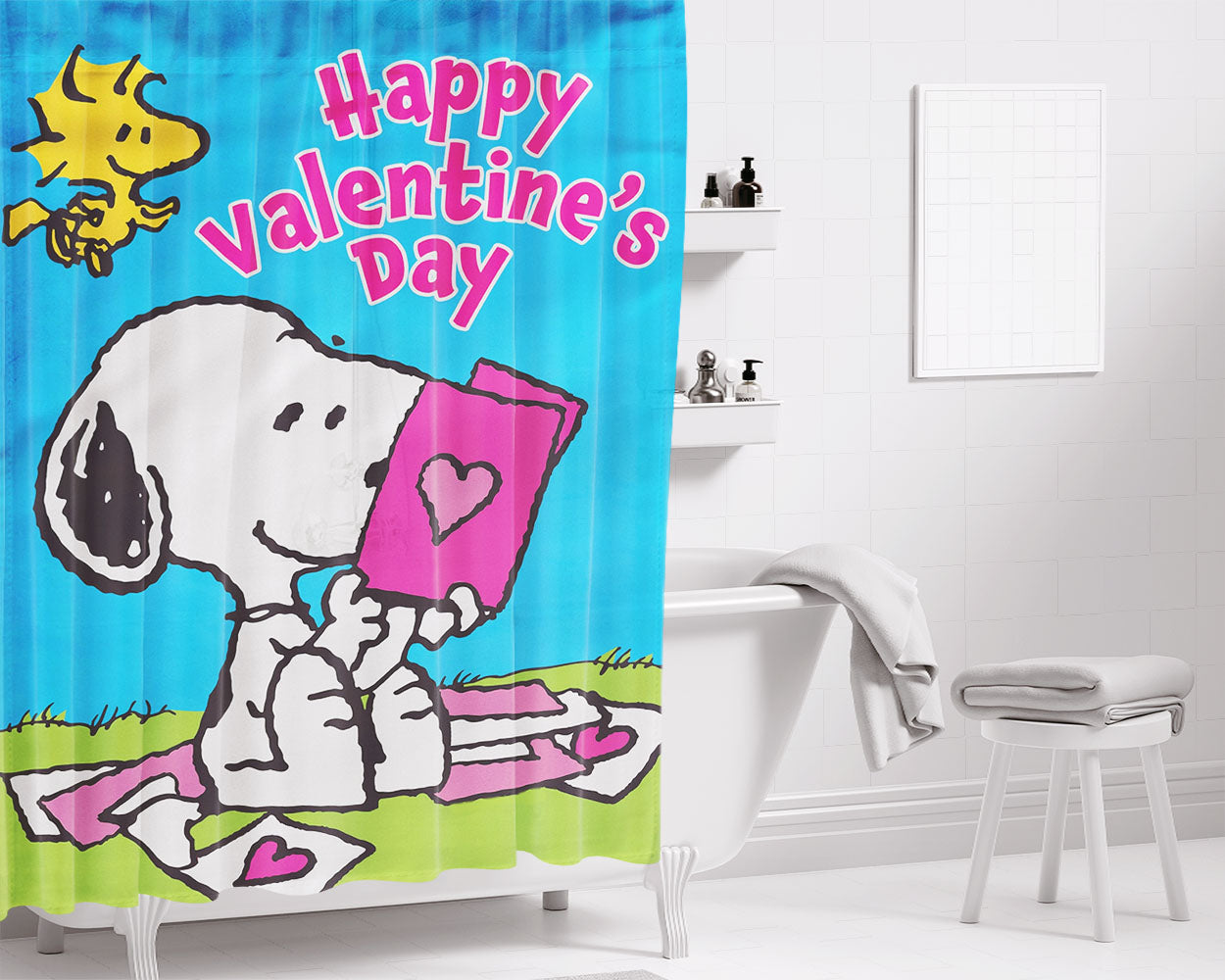 Peanuts Snoopy Happy Valentines Day Bathroom Shower Curtain Fabric Waterproof | 66 X 72 Inch
