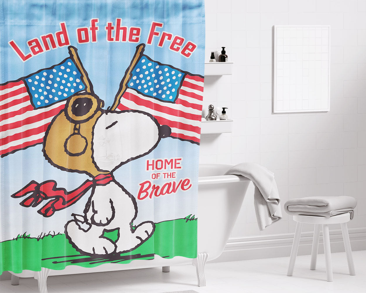 Peanuts Snoopy Land Of The Free Bathroom Shower Curtain Fabric Waterproof | 66 X 72 Inch