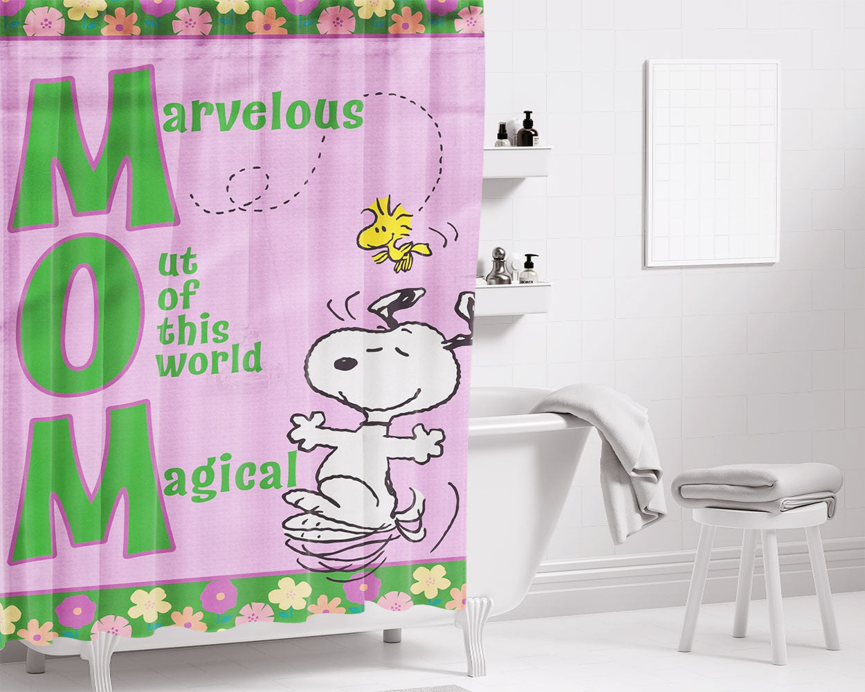 Peanuts Snoopy Mom Bathroom Shower Curtain Fabric Waterproof | 66 X 72 Inch