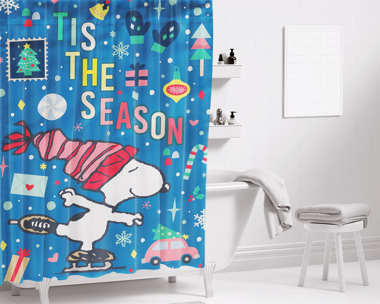 Peanuts Snoopy Winter Christmas Bathroom Shower Curtain Fabric Waterproof | 66 X 72 Inch