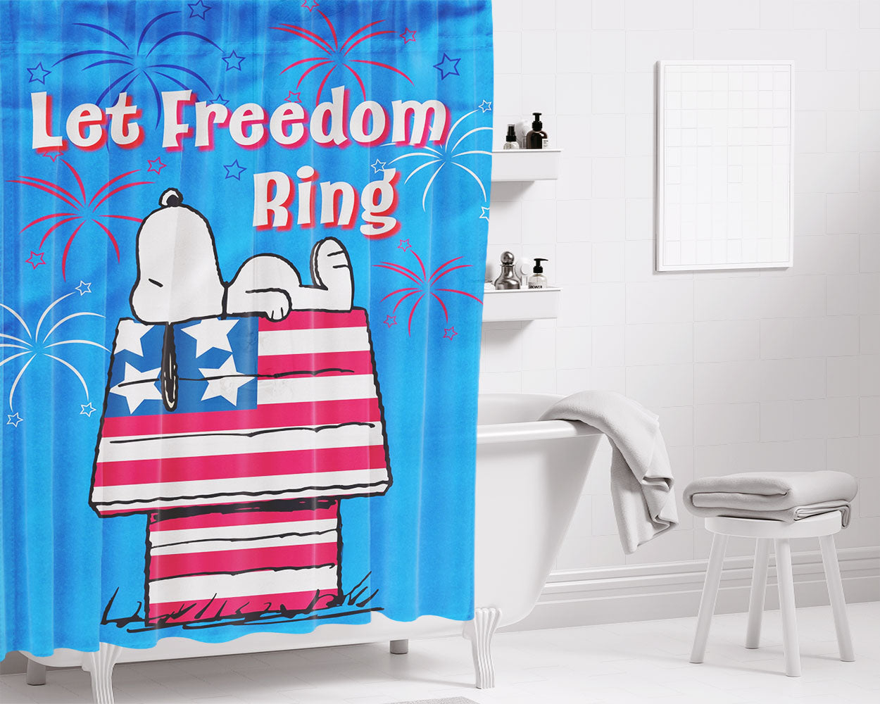 Peanuts Stars & Stripes Doghouse Bathroom Shower Curtain Fabric Waterproof | 66 X 72 Inch