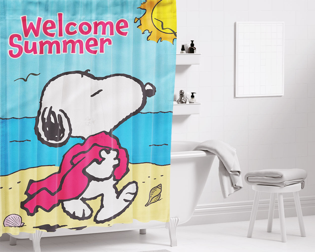 Peanuts Summer Beach Snoopy Bathroom Shower Curtain Fabric Waterproof | 66 X 72 Inch