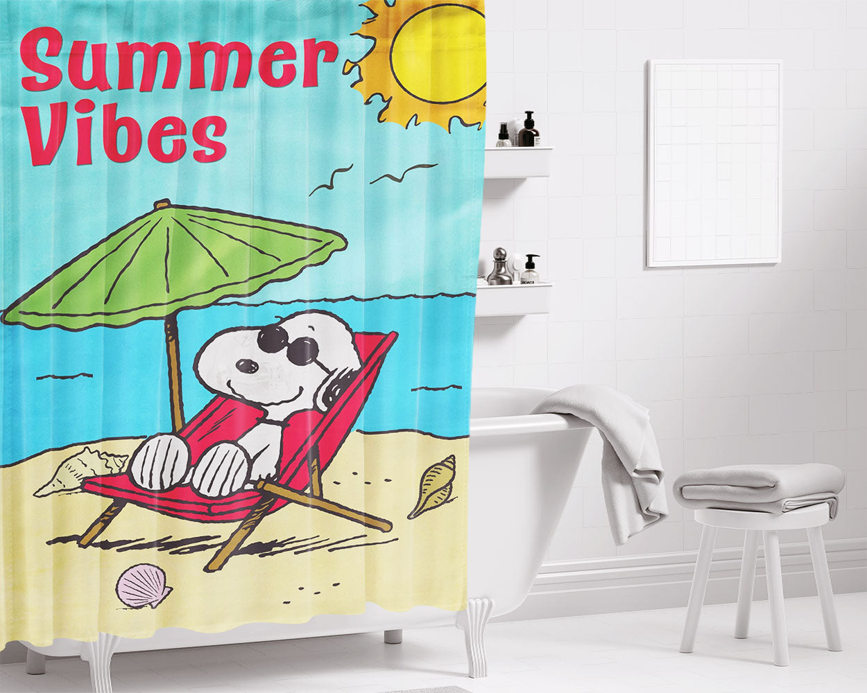 Peanuts Summer Beach Vibes Bathroom Shower Curtain Fabric Waterproof | 66 X 72 Inch