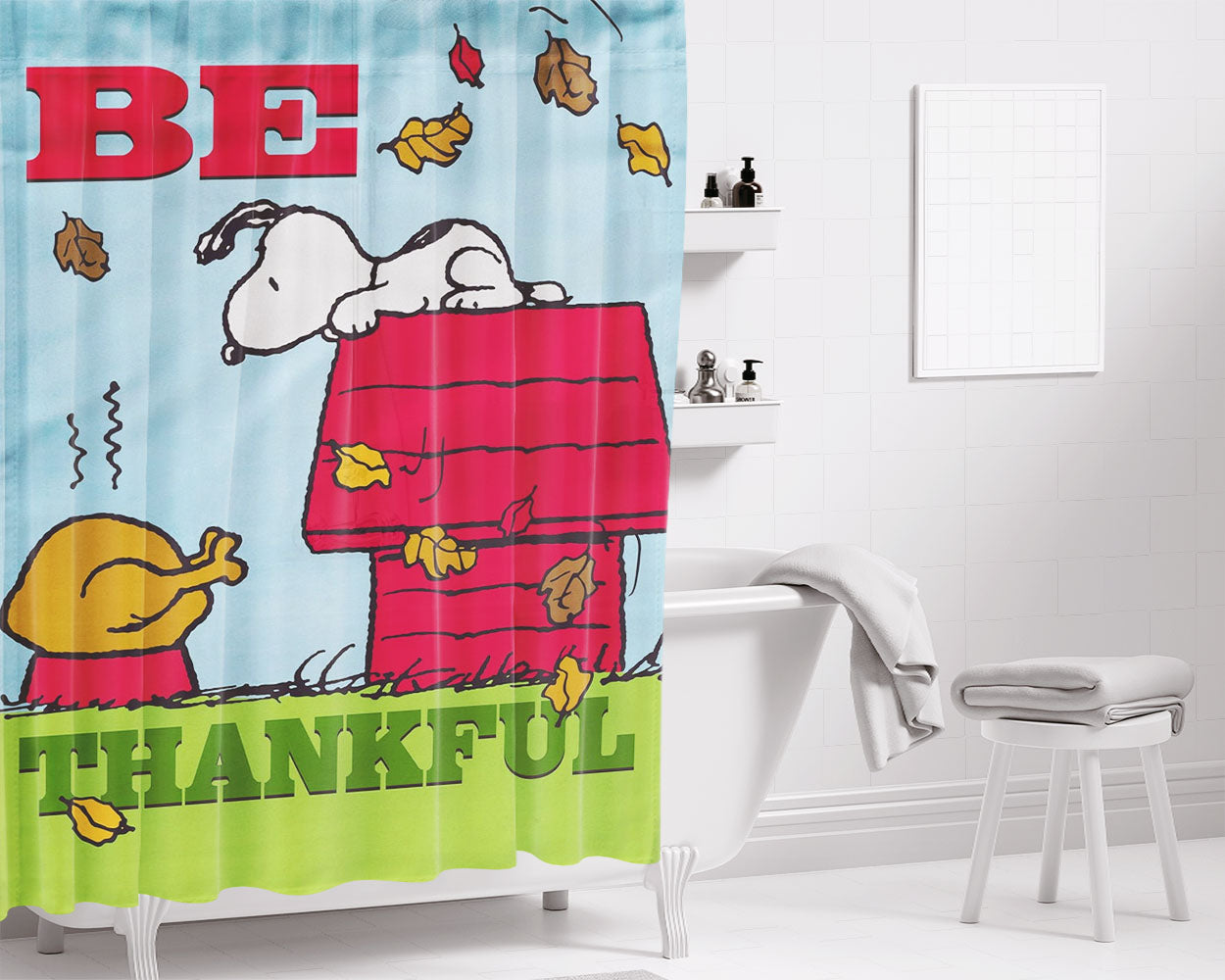 Peanuts Thankful Snoopy Turkey Thanksgiving Bathroom Shower Curtain Fabric Waterproof | 66 X 72 Inch
