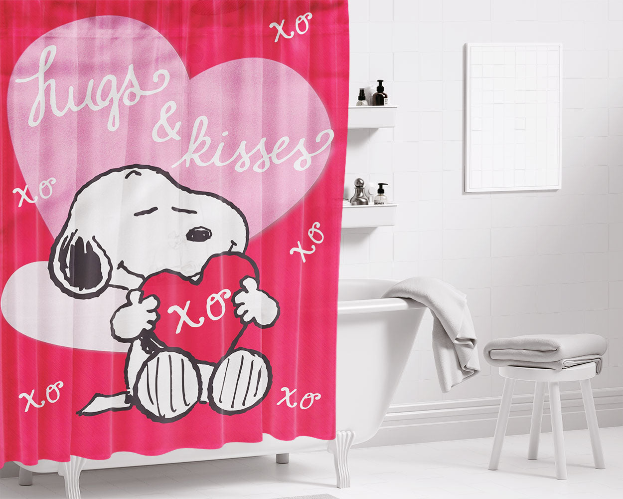 Peanuts Valentines Day Hugs And Kisses Bathroom Shower Curtain Fabric Waterproof | 66 X 72 Inch